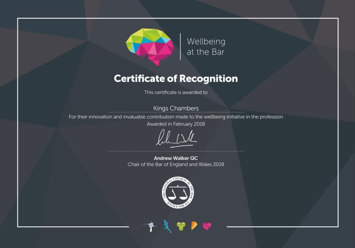 Kings Chambers Receives The Wellbeing At The Bar Certificate of Recognition